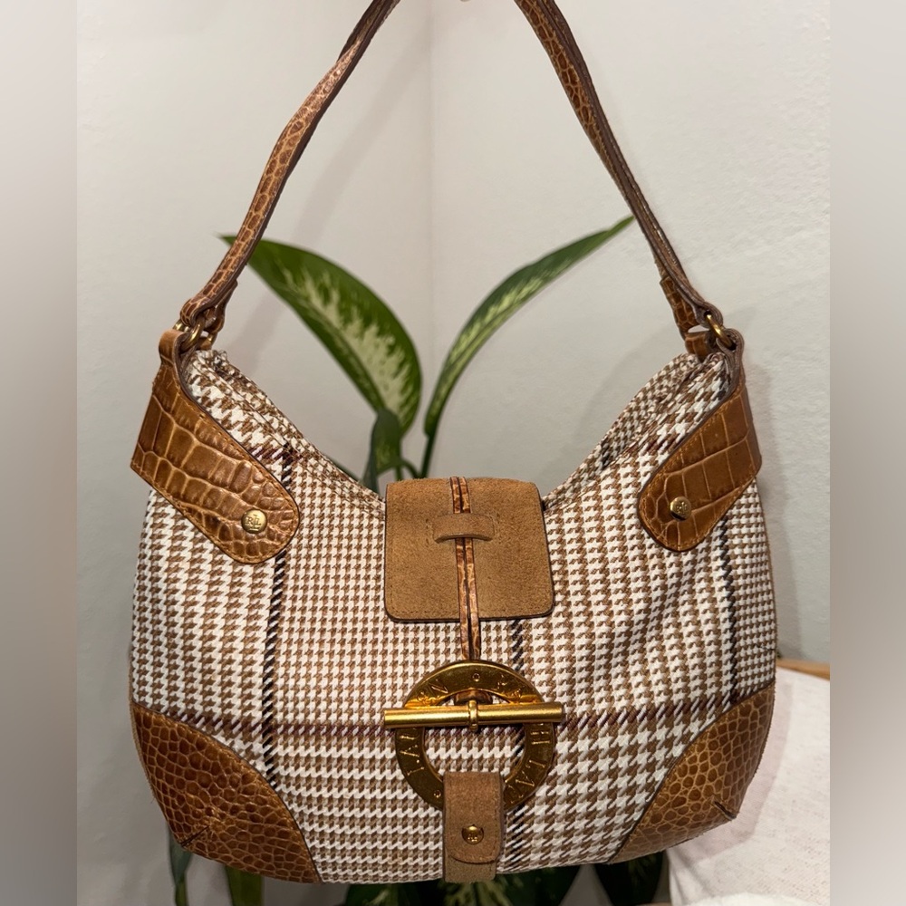 ‼️SOLD‼️Ralph Lauren Houndstooth Neutral Croc Leather Toggle Lock Hobo Bag Purse - Picture 3 of 16